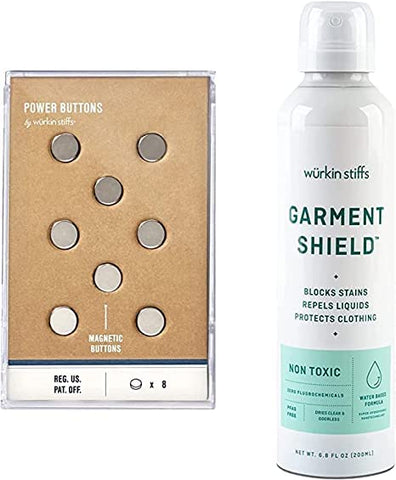 Uncovered Magnetic Power Buttons + Garment Shield Spray by Würkin Stiffs | Pack of 8 Magnets | Clothing Protector Spray