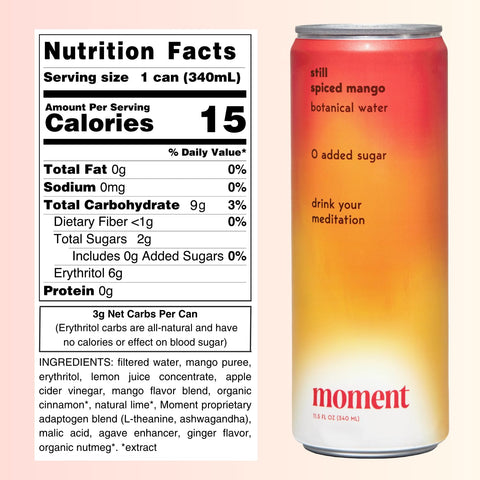 Moment Botanical Water STILL Spiced Mango L-Theanine (12 Cans)